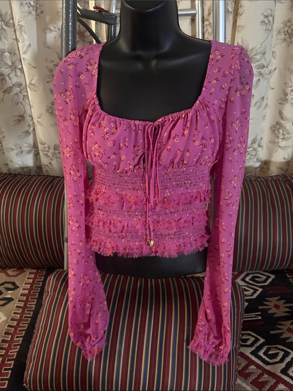 Free People Magenta Floral Smocked Square‑Neck Crop Top